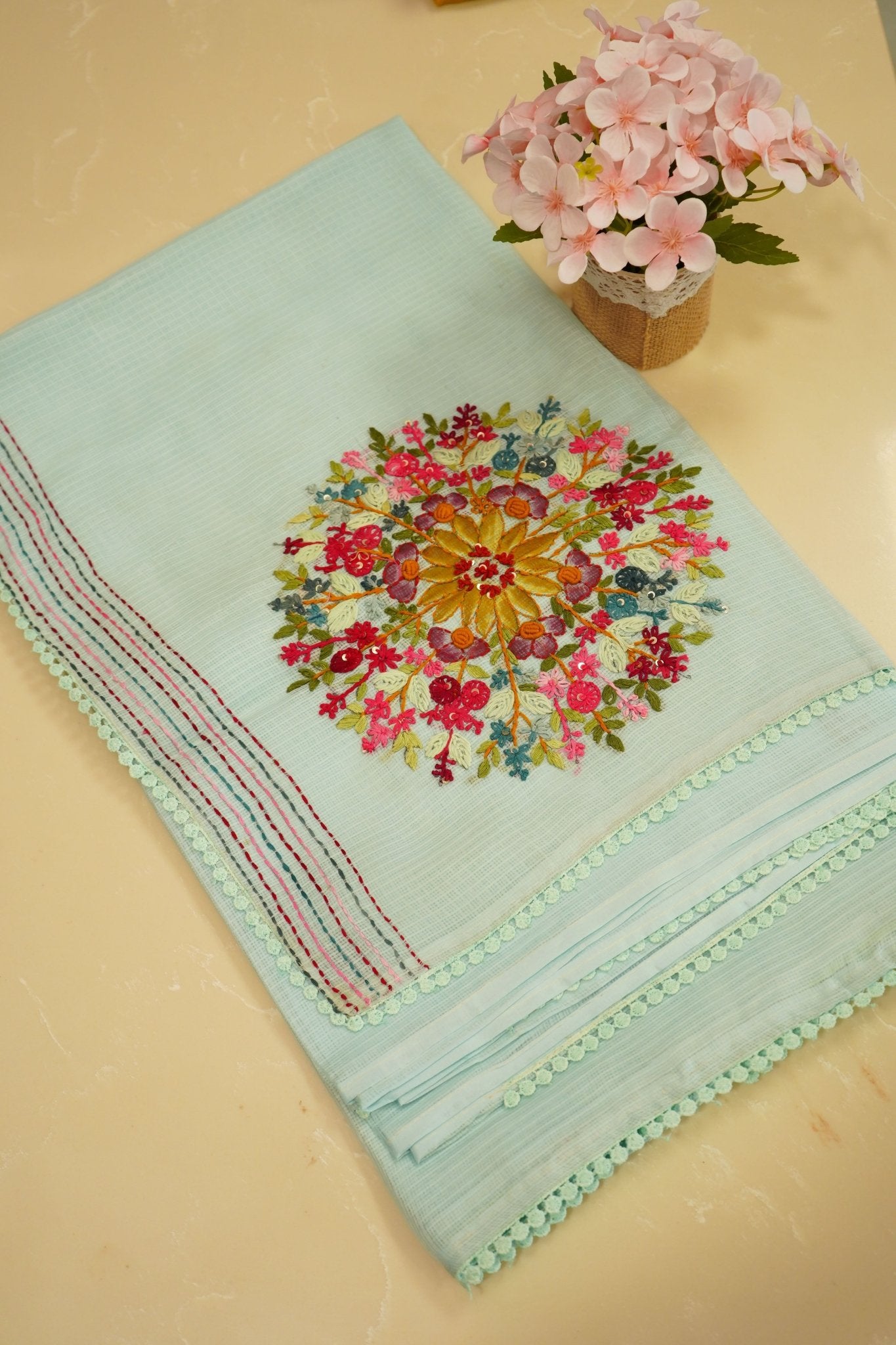 Aqua Bloom – Pure Kota French Knot Saree - Thoranam Sarees