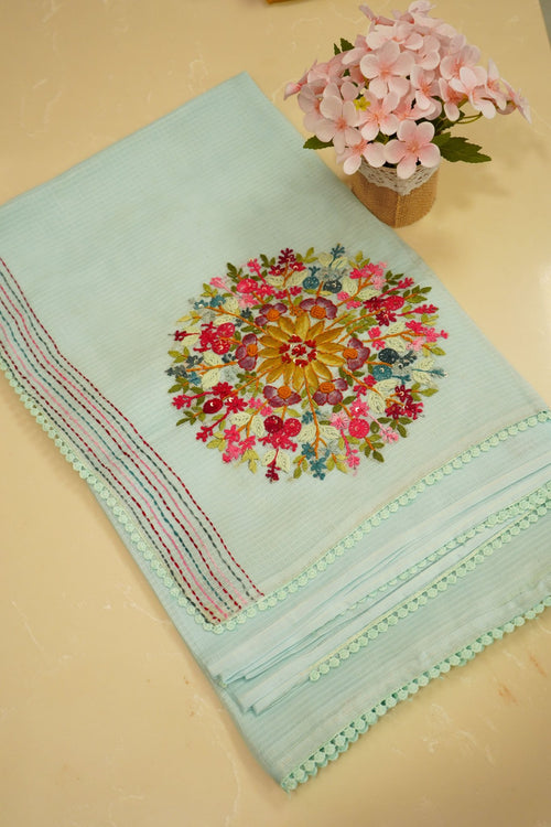 Aqua Bloom – Pure Kota French Knot Saree - Thoranam Sarees