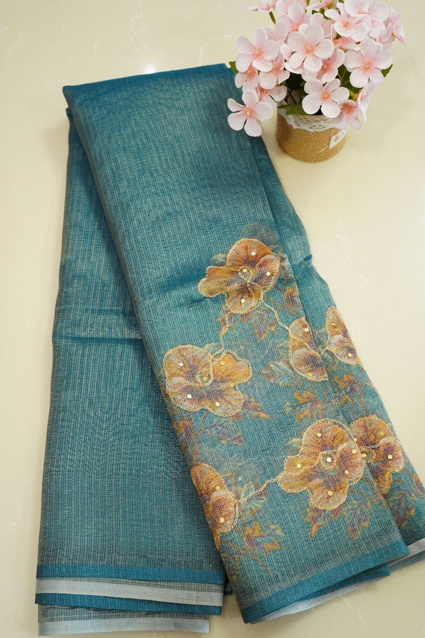 Aqua Blossom – Neem Silk Saree - Thoranam Sarees