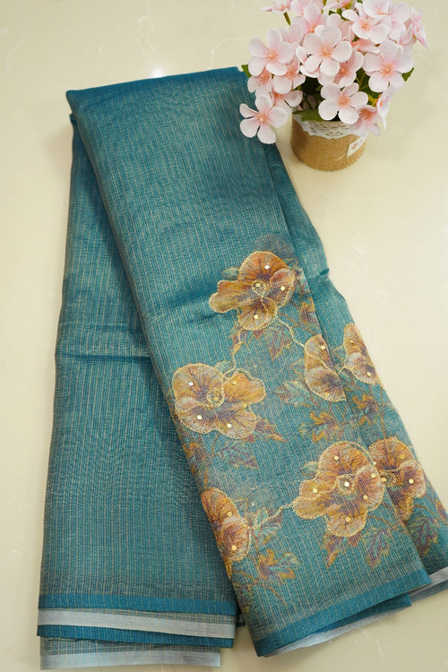 Aqua Blossom – Neem Silk Saree - Thoranam Sarees
