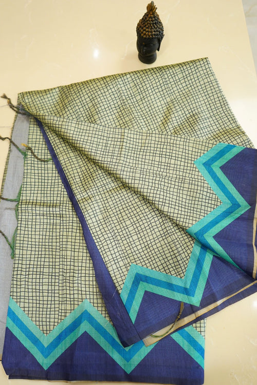 Azure Chevron – Semi Tussar Saree - Thoranam Sarees