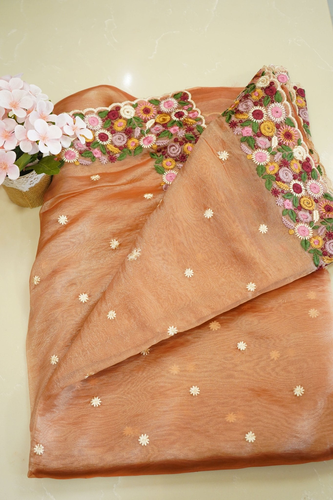 Blush Blossom – Crushed Pure Organza Saree - Thoranam Sarees