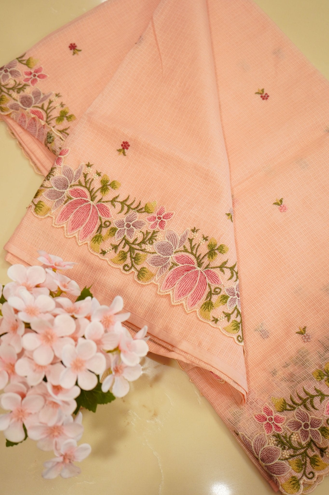 Blush Meadow – Pure Kota French Knot Saree - Thoranam Sarees