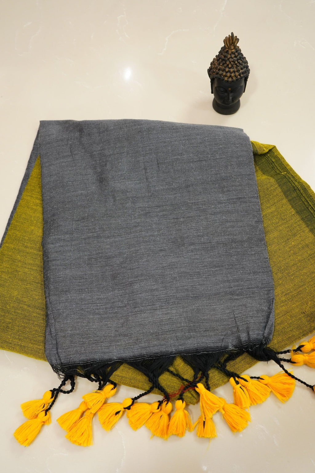 Charcoal Mustard – Mul Cotton Saree - Thoranam Sarees