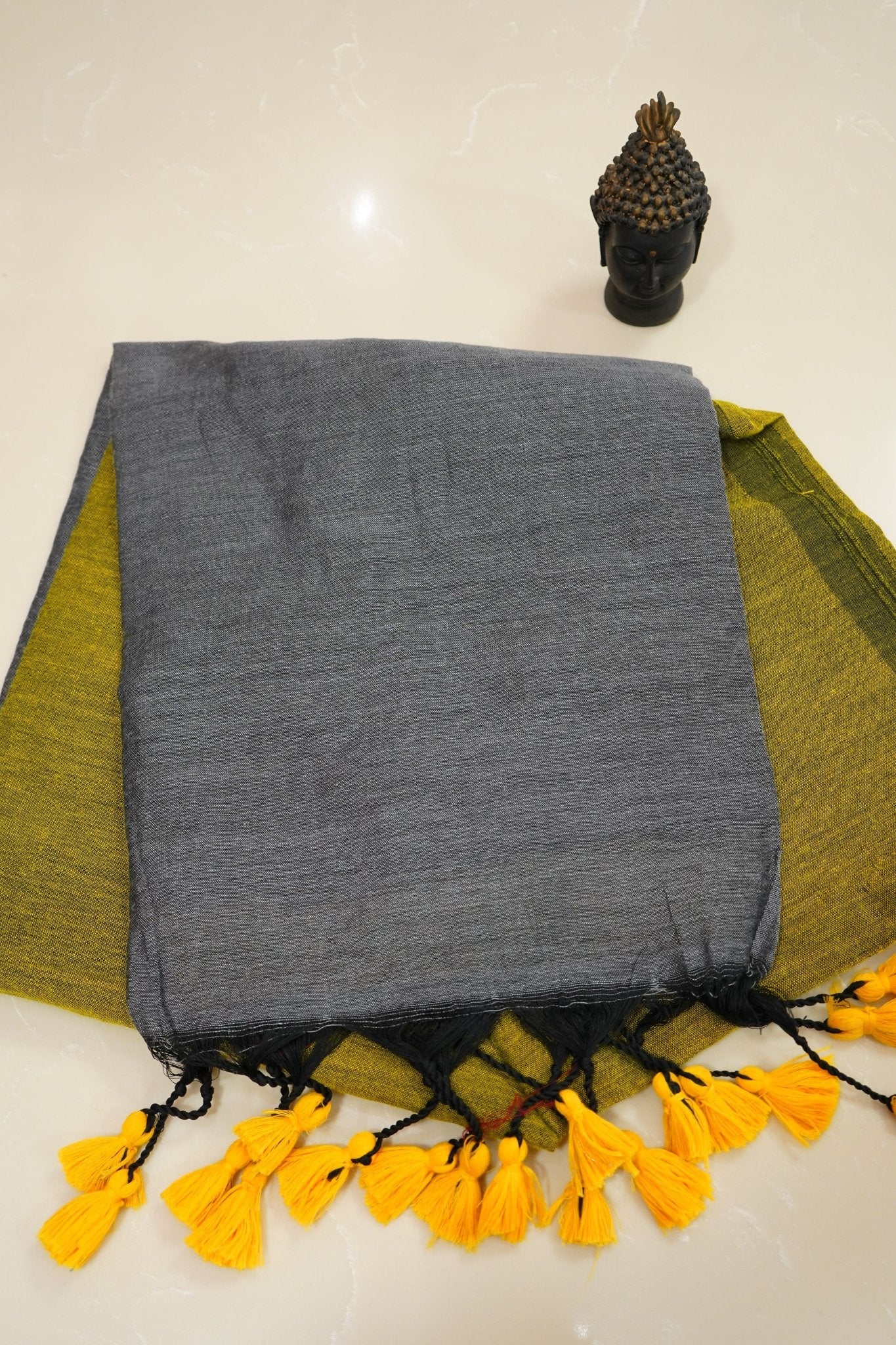 Charcoal Mustard – Mul Cotton Saree - Thoranam Sarees