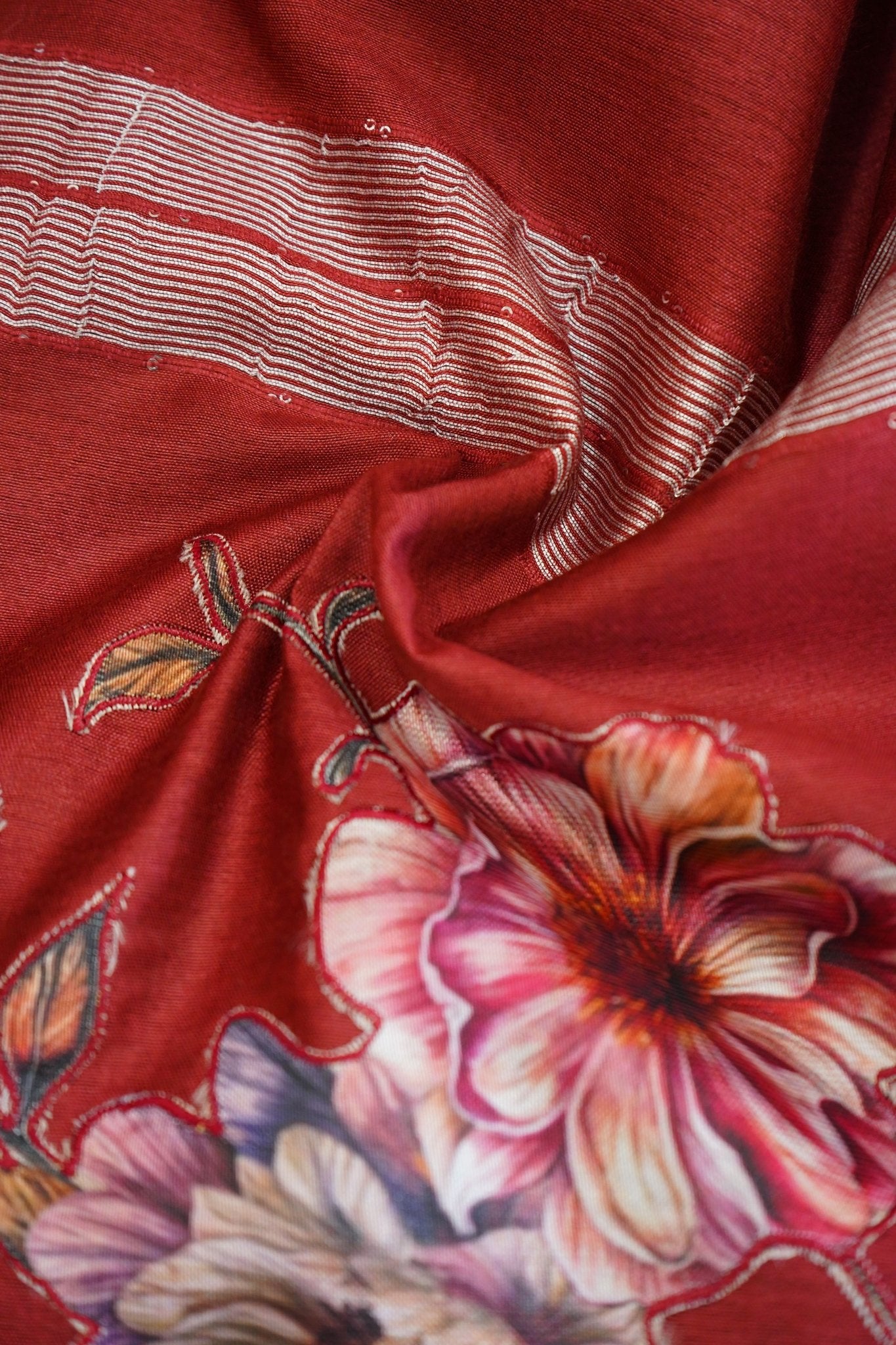 Crimson Blossom – Semi Linen Floral Saree - Thoranam Sarees