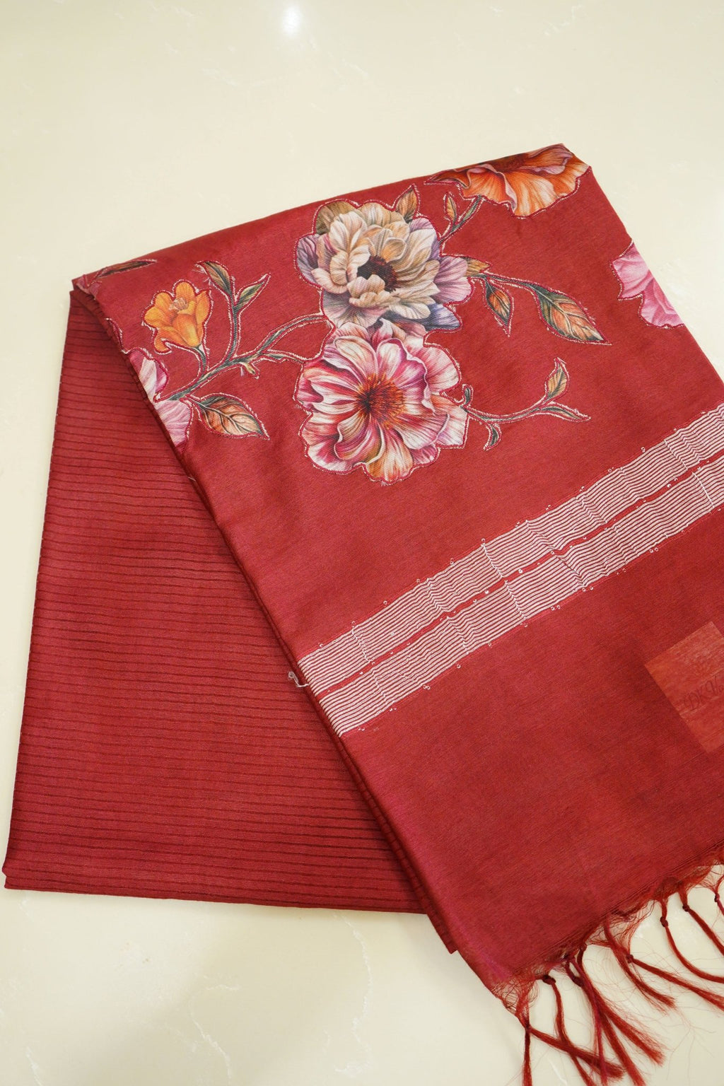 Crimson Blossom – Semi Linen Floral Saree - Thoranam Sarees