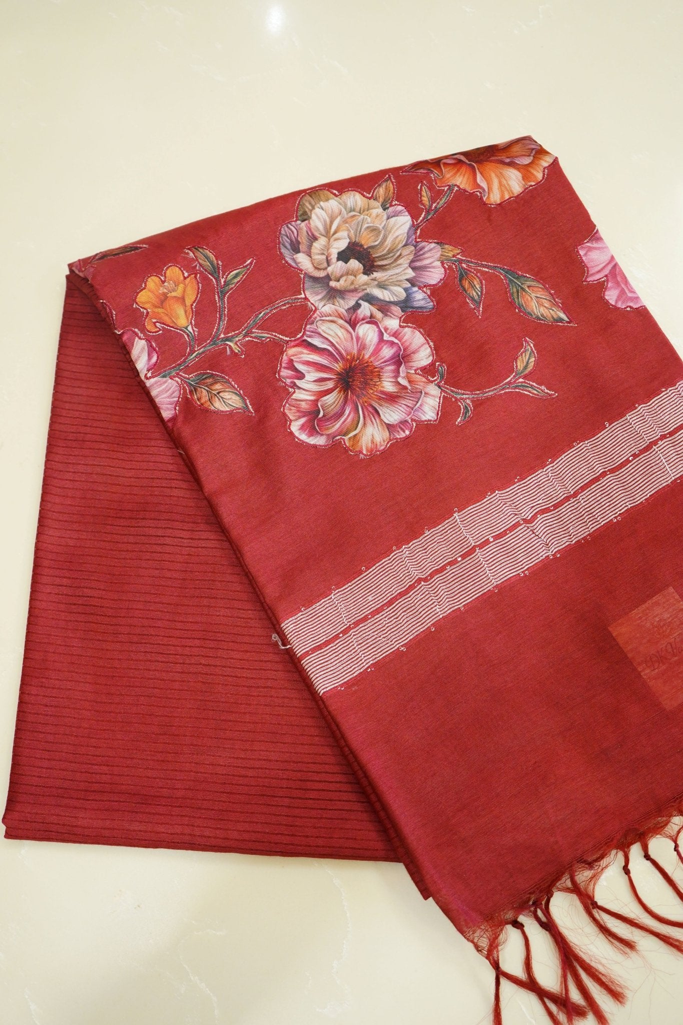 Crimson Blossom – Semi Linen Floral Saree - Thoranam Sarees