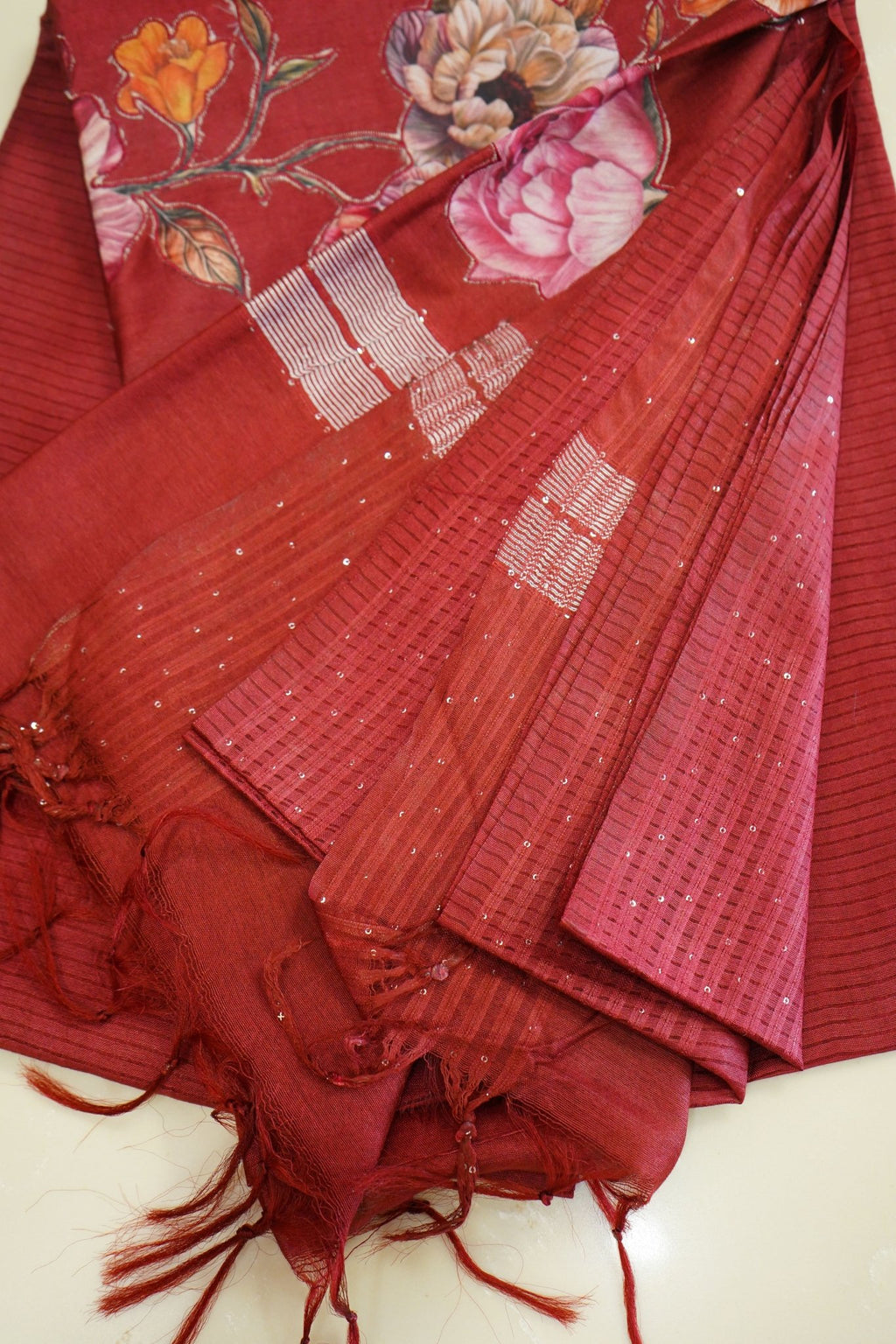Crimson Blossom – Semi Linen Floral Saree - Thoranam Sarees