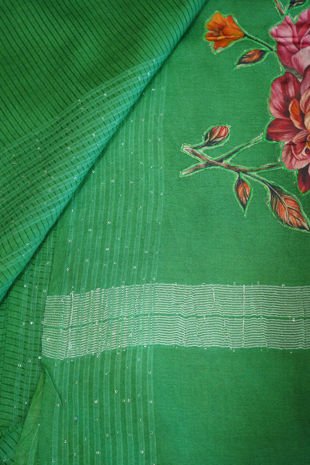 Emerald Blossom – Semi Linen Floral Saree - Thoranam Sarees