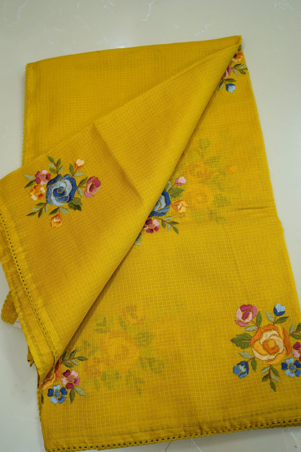 Golden Bloom – Pure Kota Embroidery Saree - Thoranam Sarees