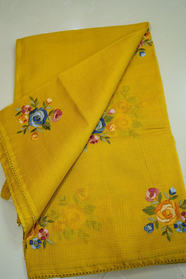 Golden Bloom – Pure Kota Embroidery Saree - Thoranam Sarees