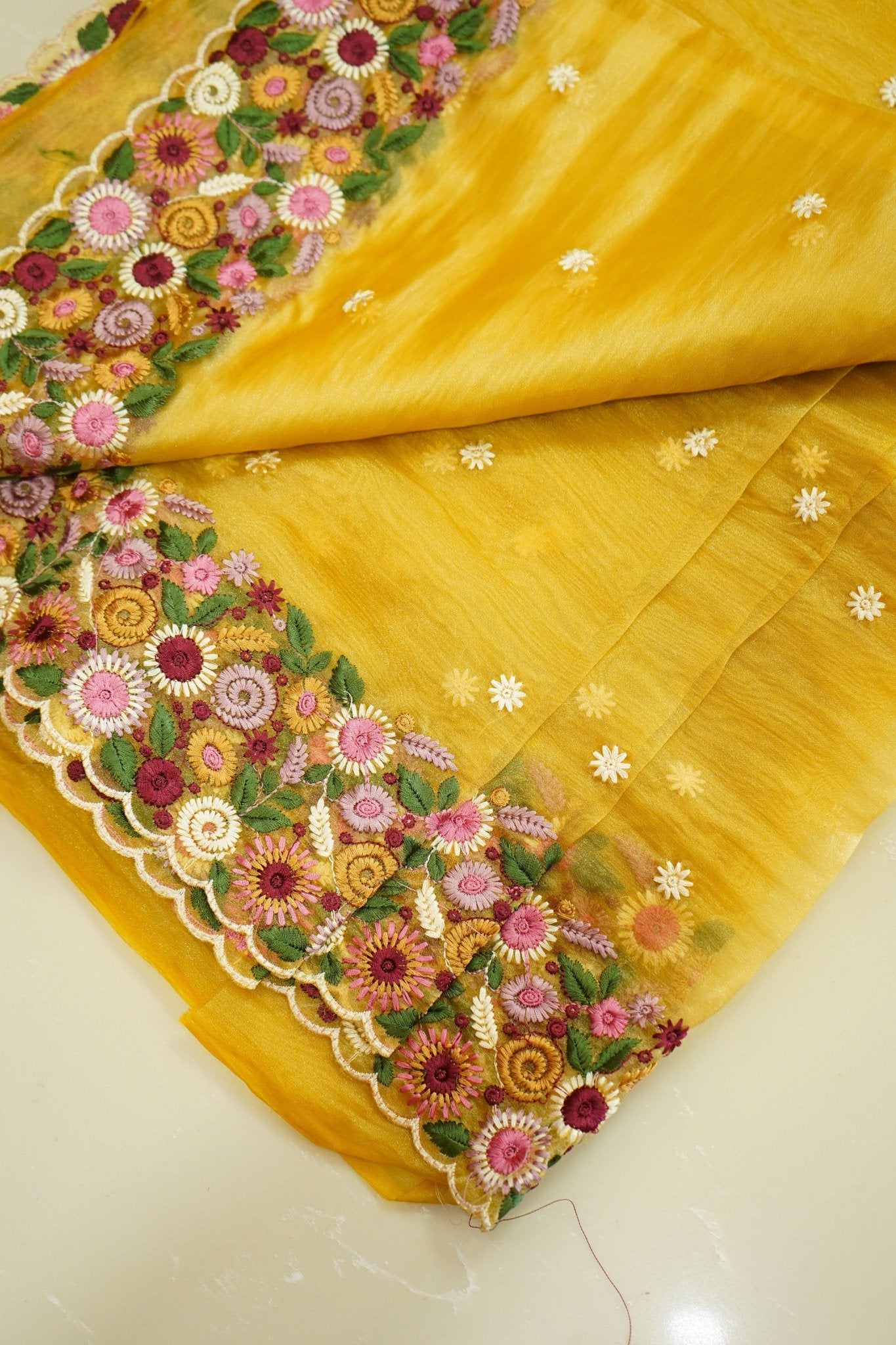 Golden Blossom – Crushed Pure Organza Saree - Thoranam Sarees