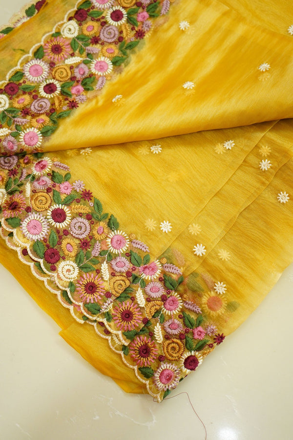Golden Blossom – Crushed Pure Organza Saree - Thoranam Sarees