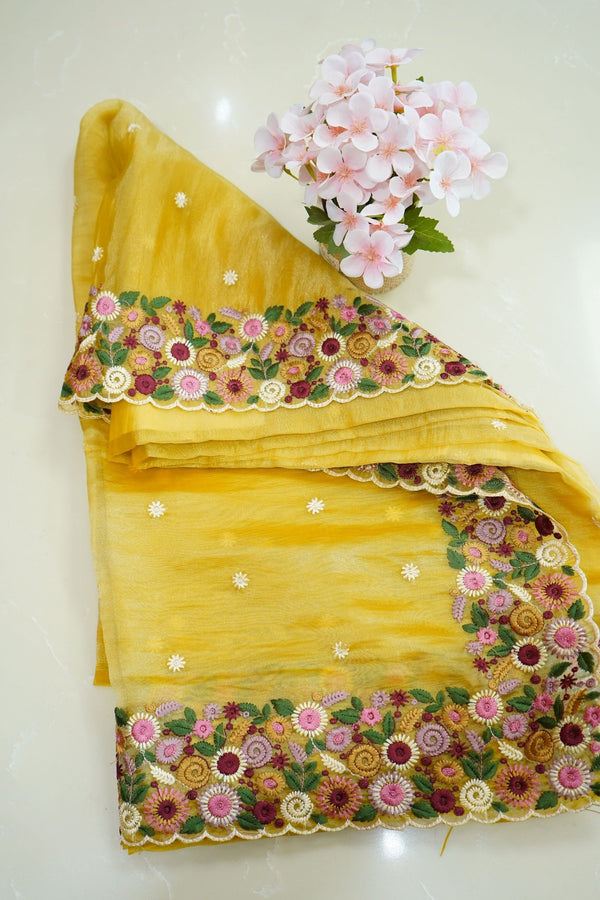 Golden Blossom – Crushed Pure Organza Saree - Thoranam Sarees