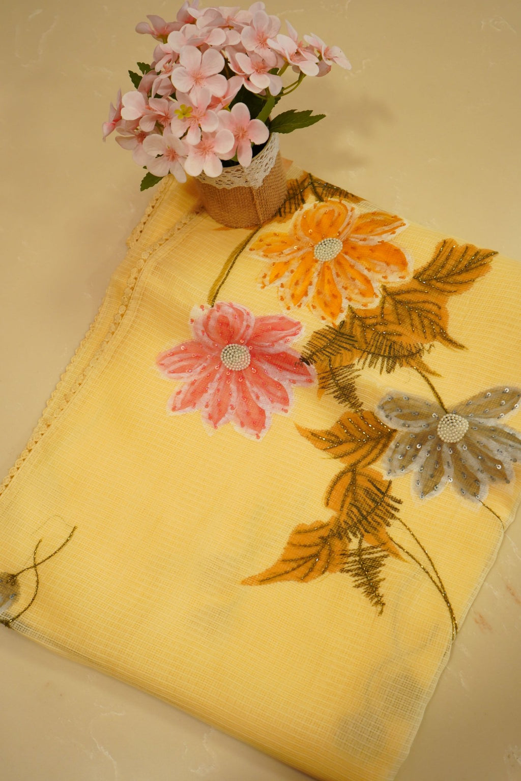 Golden Petals – Pure Kota Pearl Work Saree - Thoranam Sarees