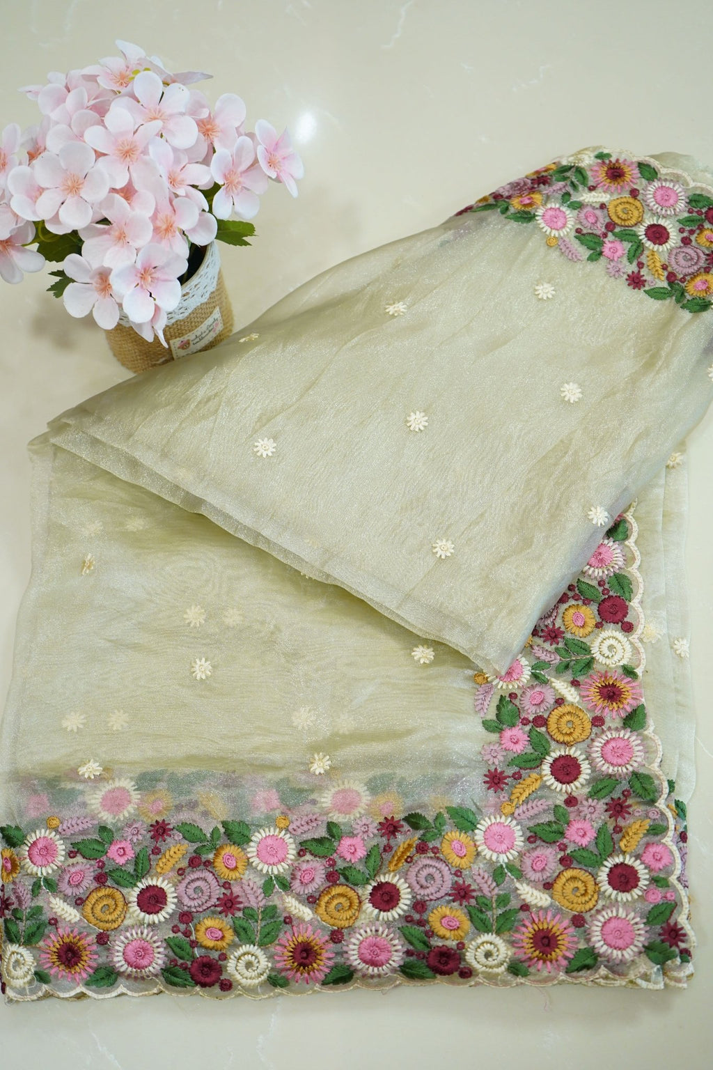 Ivory Bloom – Crushed Pure Organza Saree - Thoranam Sarees