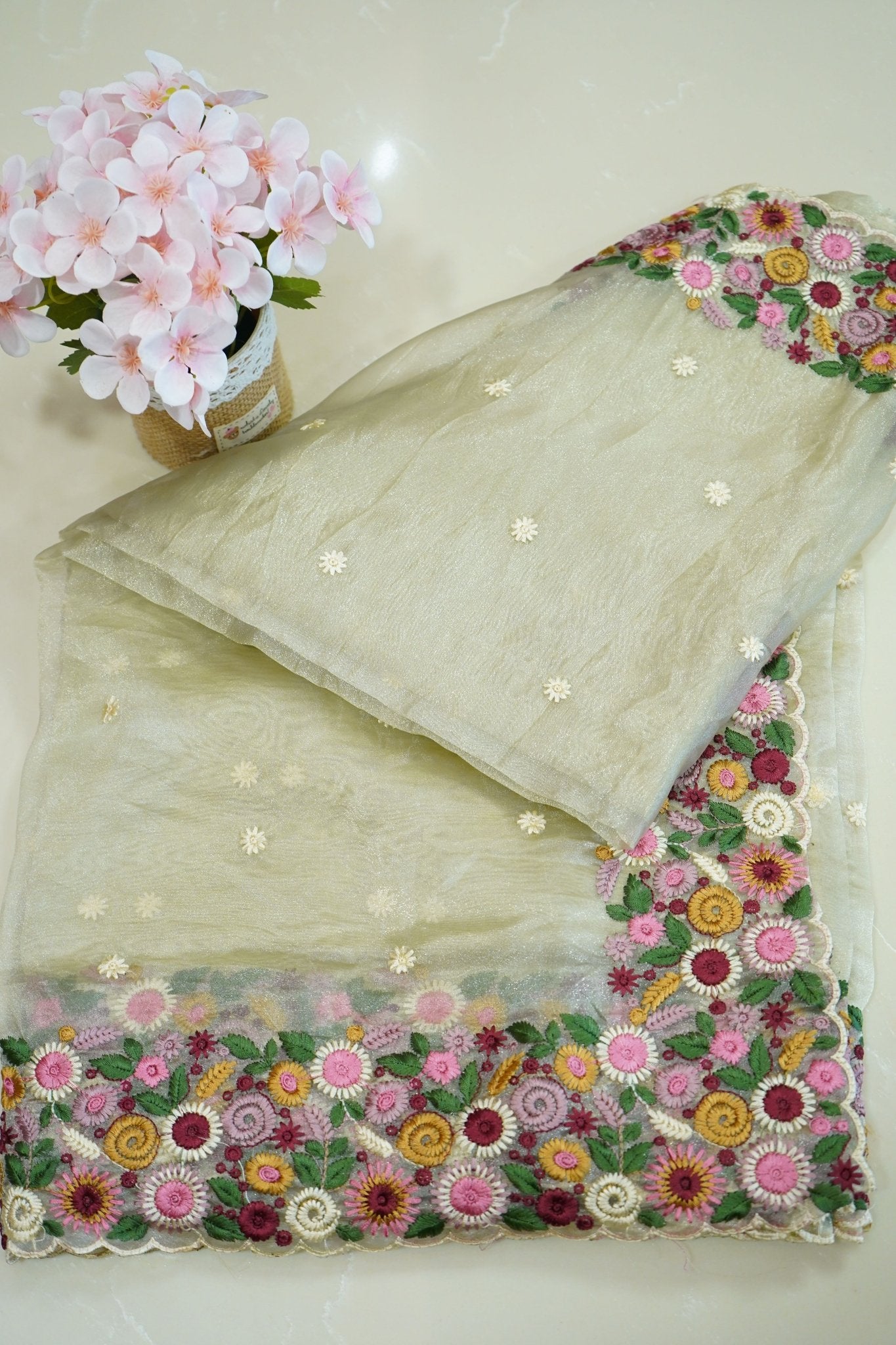 Ivory Bloom – Crushed Pure Organza Saree - Thoranam Sarees