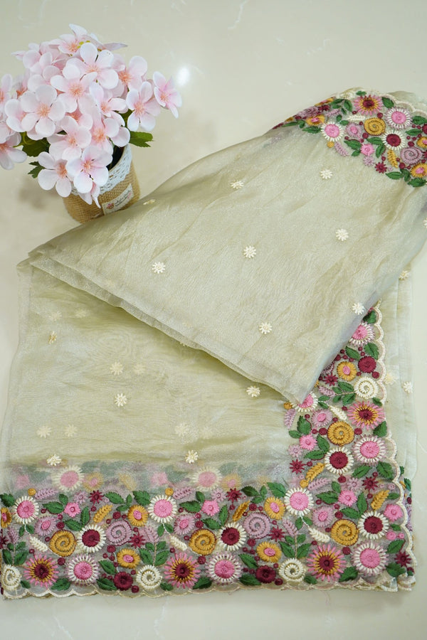 Ivory Bloom – Crushed Pure Organza Saree - Thoranam Sarees