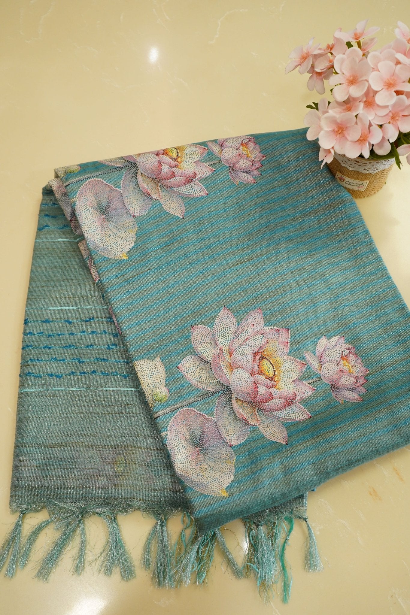 Lotus Breeze – Premium Linen Fancy Saree - Thoranam Sarees