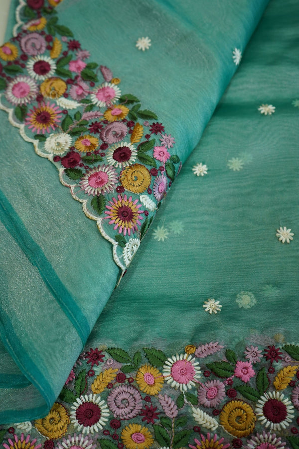 Mint Blossom – Crushed Pure Organza Saree - Thoranam Sarees