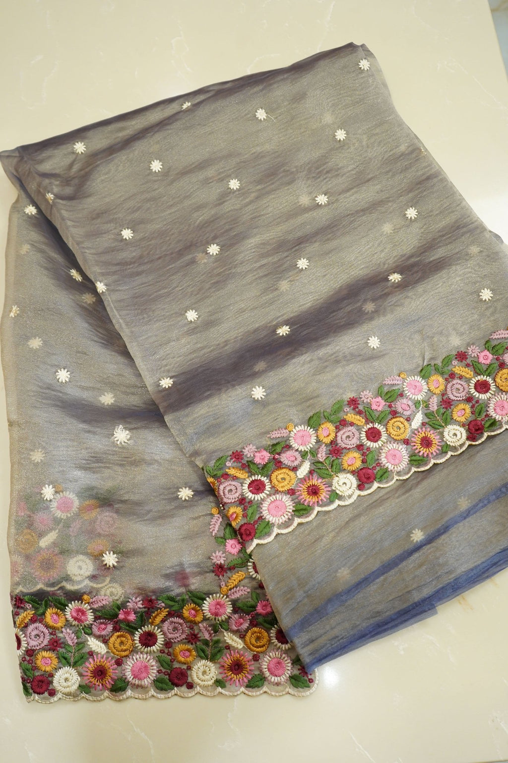 Moonlit Bloom – Crushed Pure Organza Saree - Thoranam Sarees