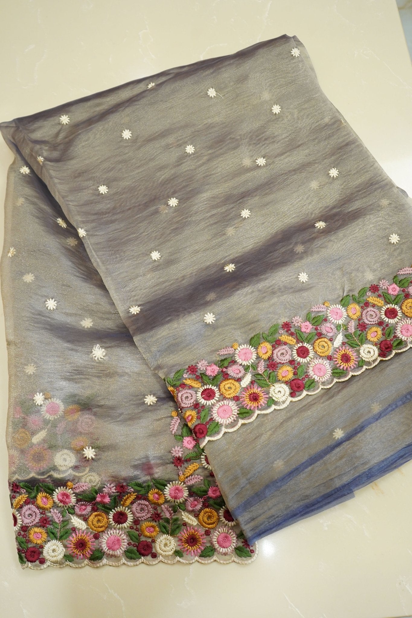 Moonlit Bloom – Crushed Pure Organza Saree - Thoranam Sarees