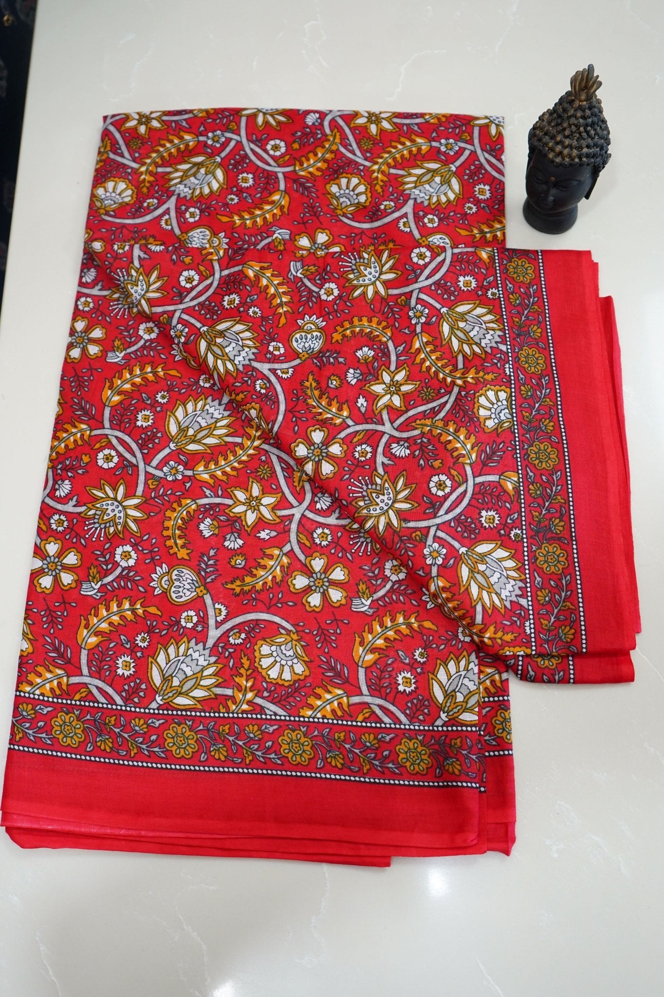 Scarlet Bloom – Jaipuri Cotton Saree - Thoranam Sarees
