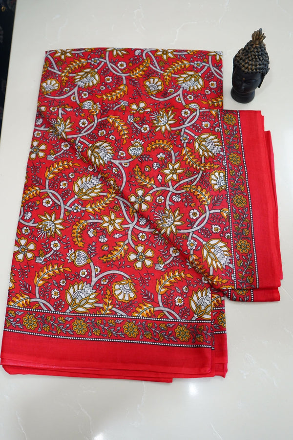 Scarlet Bloom – Jaipuri Cotton Saree - Thoranam Sarees
