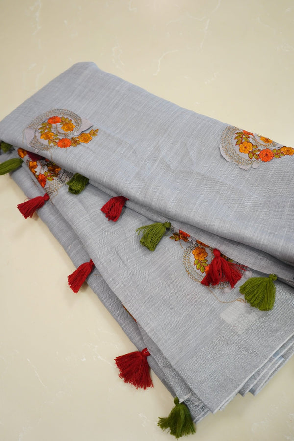 Silver Blossom Semi Cotton Saree - Thoranam Sarees